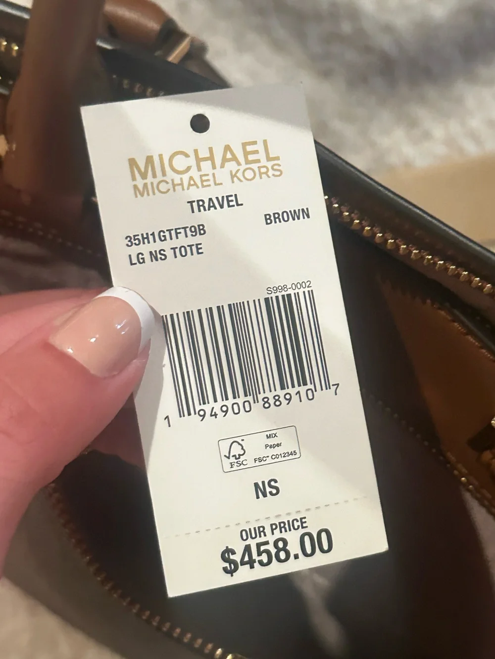Michael Kors Gold Logo & Brown Leather Messenger with Beige Strap